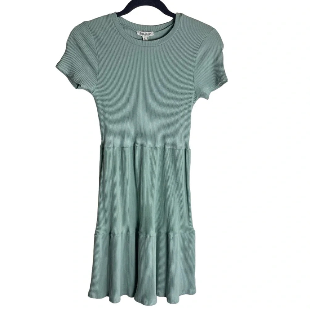 Rolla Coster Short Sleeve Ribbed Cotton Tiered Dress Light Green Small
